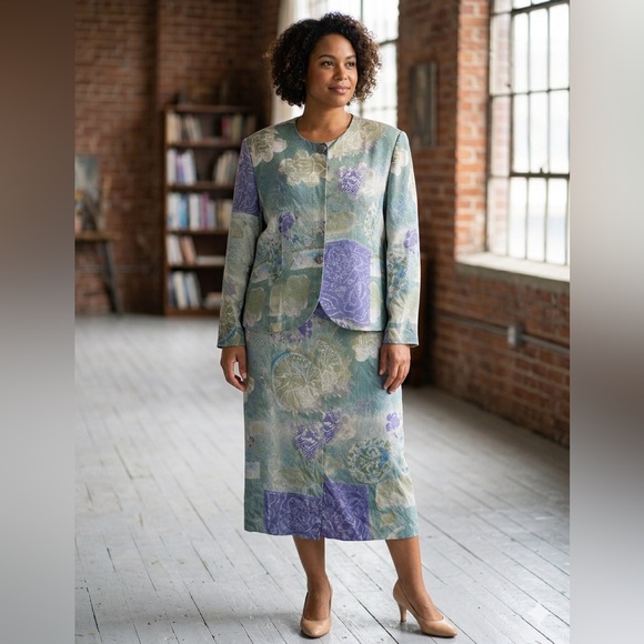 VTG Anne Crimmins for UMI Collections 100% Silk Skirt Suit Set Size 16 Abstract - Picture 6 of 8